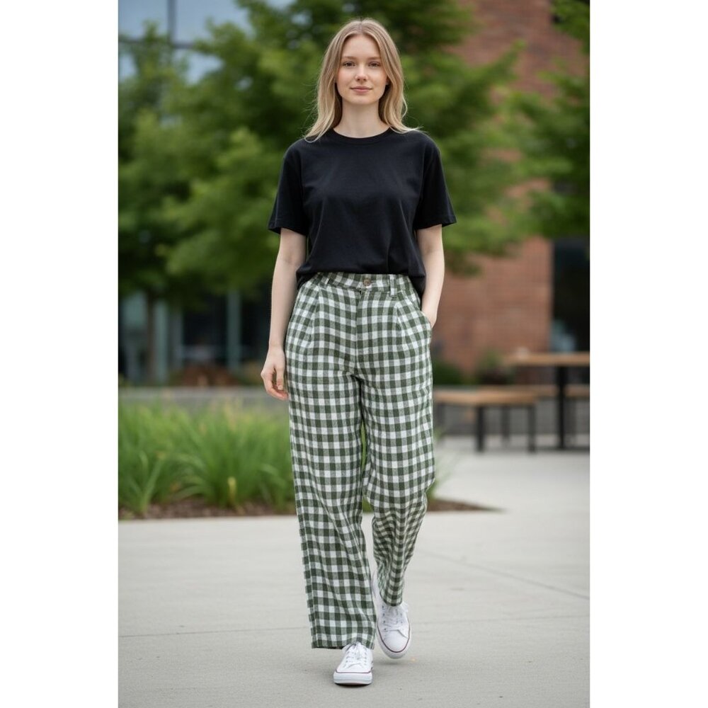 NEW Ghanda Womens 8 Green White Gingham Checkered Cotton Wide Leg Hight-Waist
